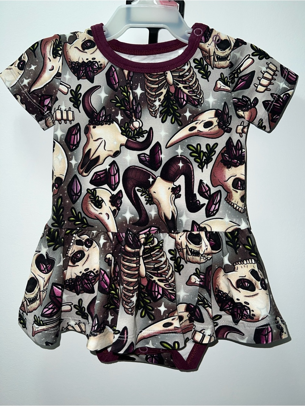 Skull & Crystal Short Sleeve Baby One-Piece Dress Bodysuit - Maroon Trim